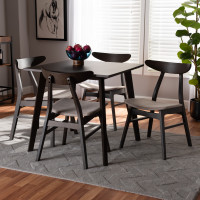 Baxton Studio Fiesta-Latte/Coffee Oak-5PC Dining Set Britte Mid-Century Modern Beige Fabric Upholstered Dark Oak Brown Finished 5-Piece Wood Dining Set